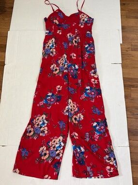 Red Floral Wide-Leg Spaghetti-Strap Jumpsuit